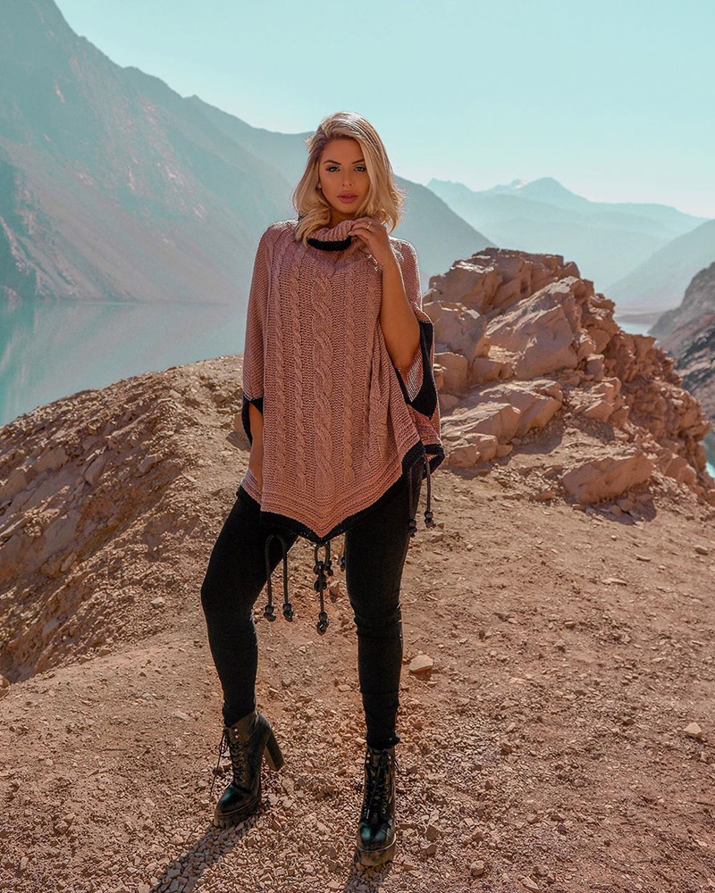 Fitshinling Boho Winter Pink Sweater Poncho Cloak Batwing Sleeve Oversize Women Sweaters Pullover Turtleneck Knitted Jumper