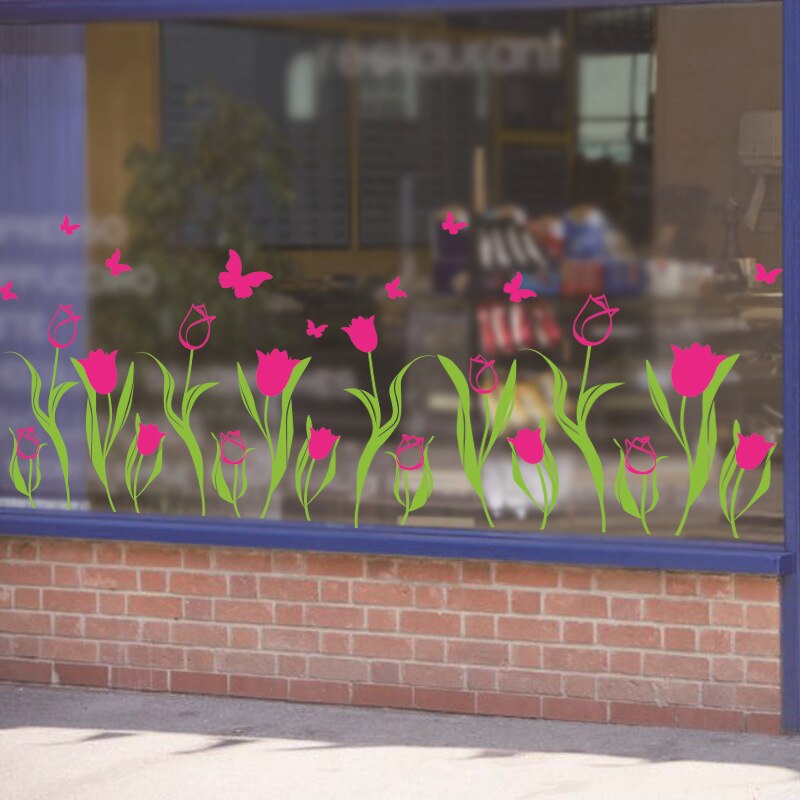 rose røde tulipaner blomster vindusklistremerker pvc-materiale sommerfugler gjør-det-selv-veggdekor til stue butikk glass vindu dekorasjon