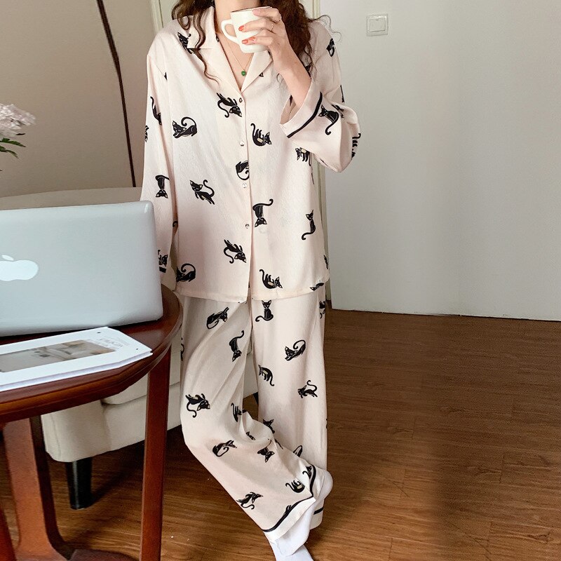 Conjunto de pijama para mujer, ropa de dormir de satén, con líneas de espina de pescado, de manga larga, sedosa y recta, cómoda, de noche: S