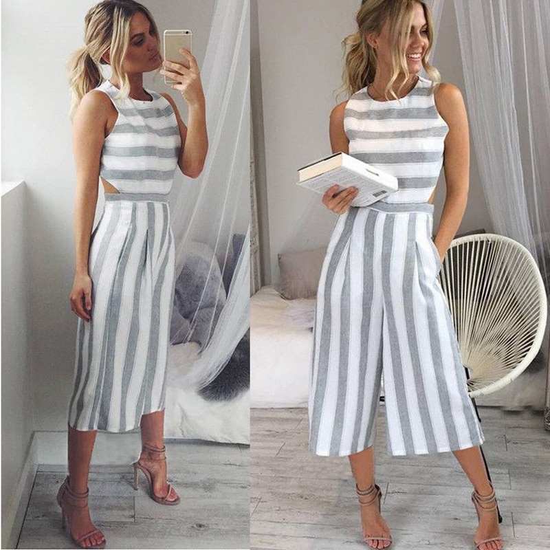 Summer Casual Women Jumpsuits Striped Slim Sleeveless O-Neck Backless Wide Leg Pants Jumpsuits