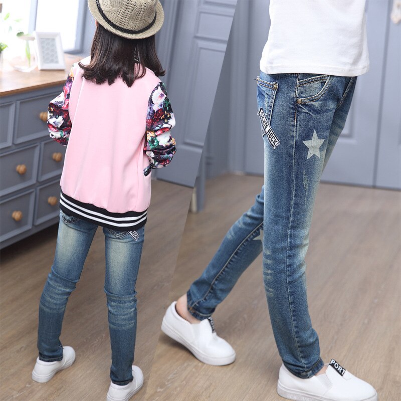 Jenter jeans slim kids jean for jente star elastisk midje småbarn tenåring barn bukse småbarnsbukse