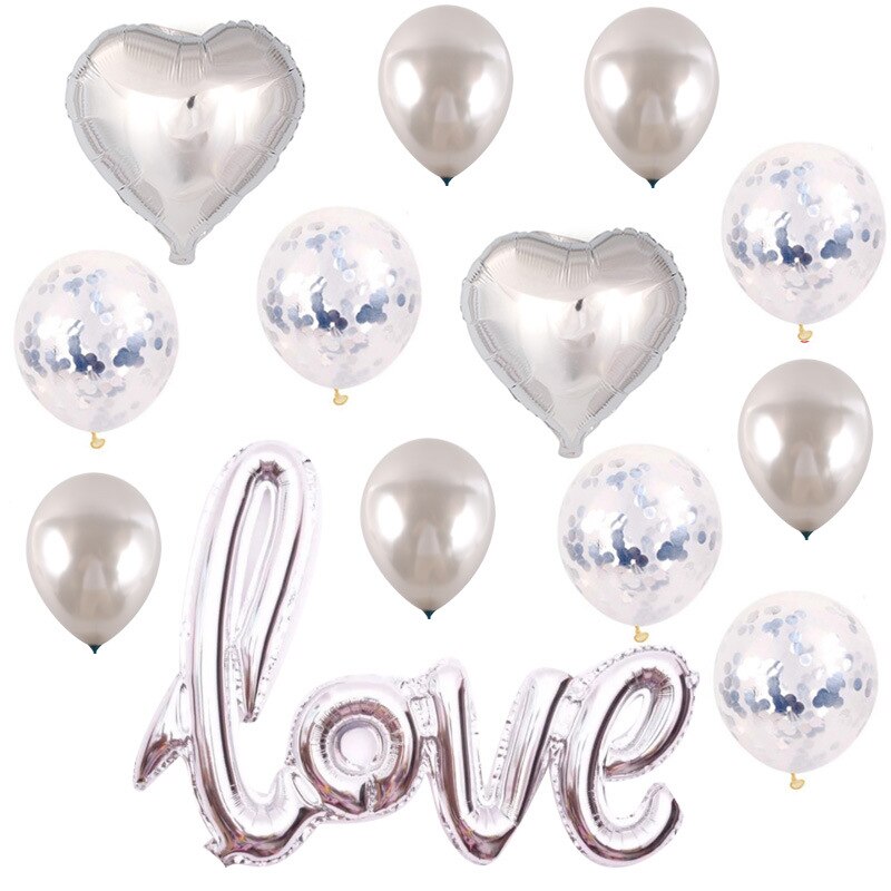 Large Siamese Love Balloon Set Valentine Day 12-inch Sequin Balloon Combination Wedding Decoration Round Confetti Latex Balloon: Silver