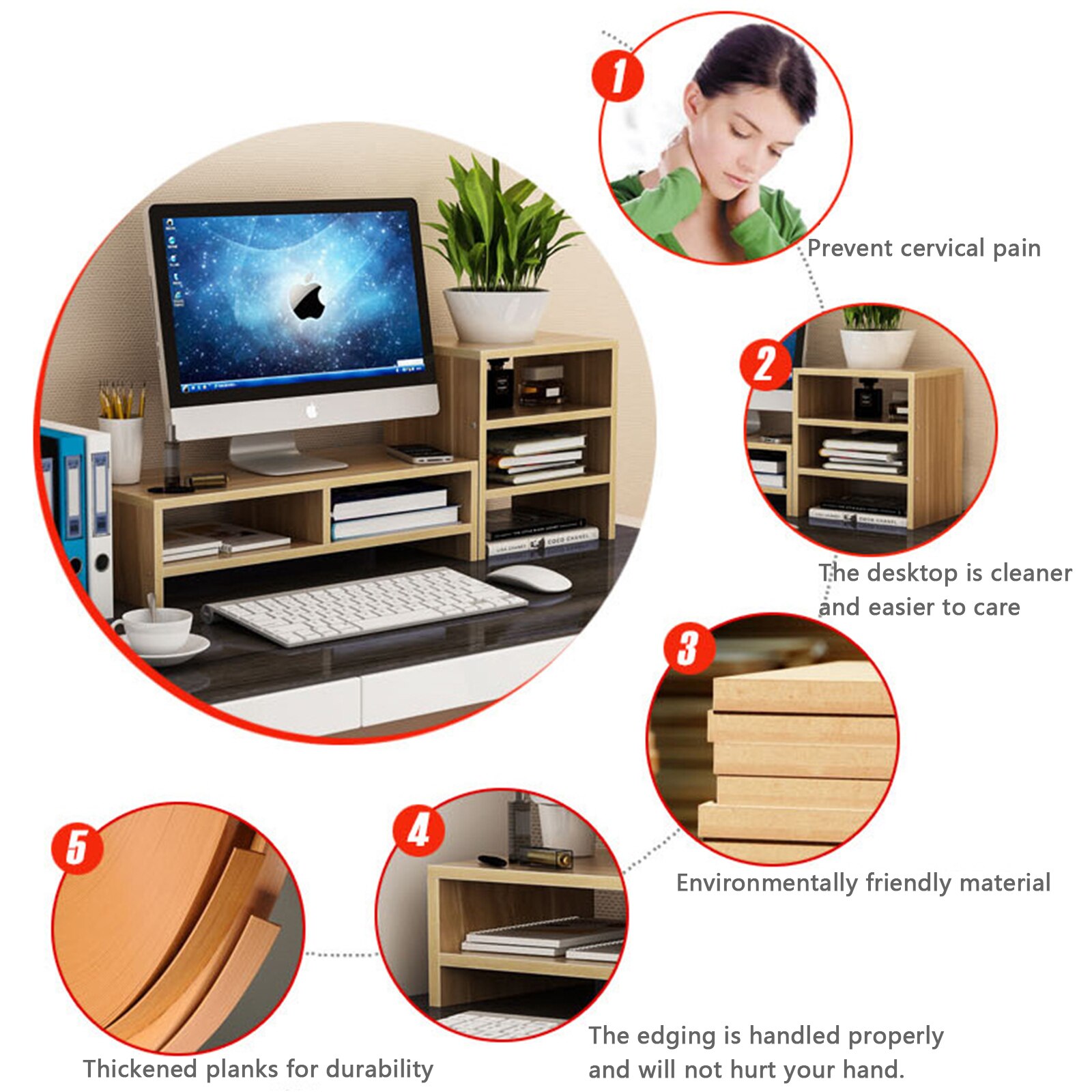 White Wood Monitor Stand TV PC Laptop Computer Screen Riser &amp;3-Tier Bookcase Set