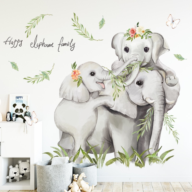 Wall Stickers Cartoon Hand-Painted Elephant Animal for Kindergarten Classroom Children's Room Baby Wall PVC Art Wall Stickers