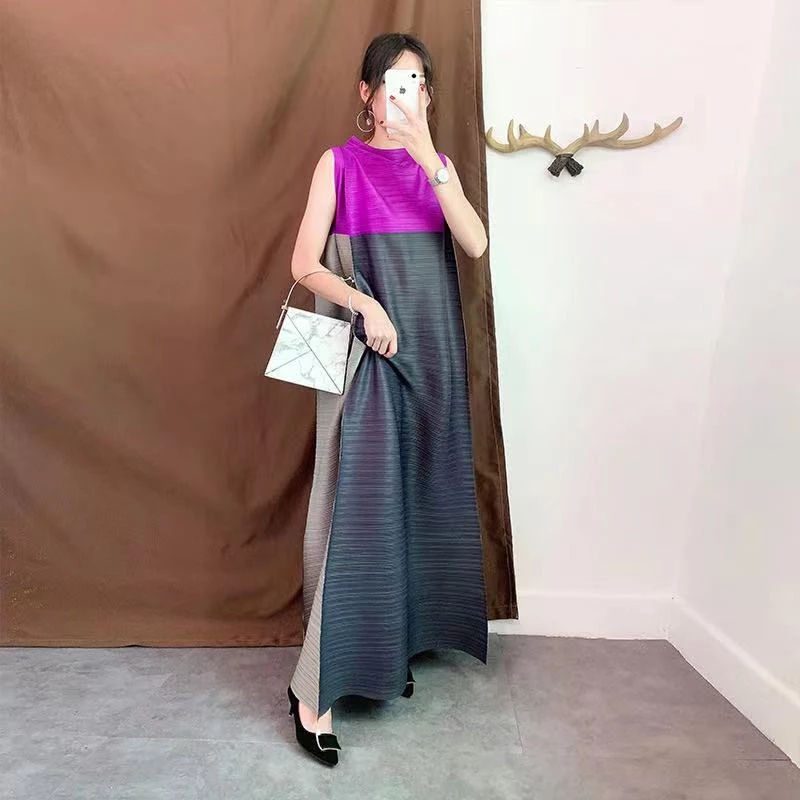 Miyake Pleated Dress Summer Women Dress Stitching High Temperament Loose Casual Long Skirt Female Spot: GRAY