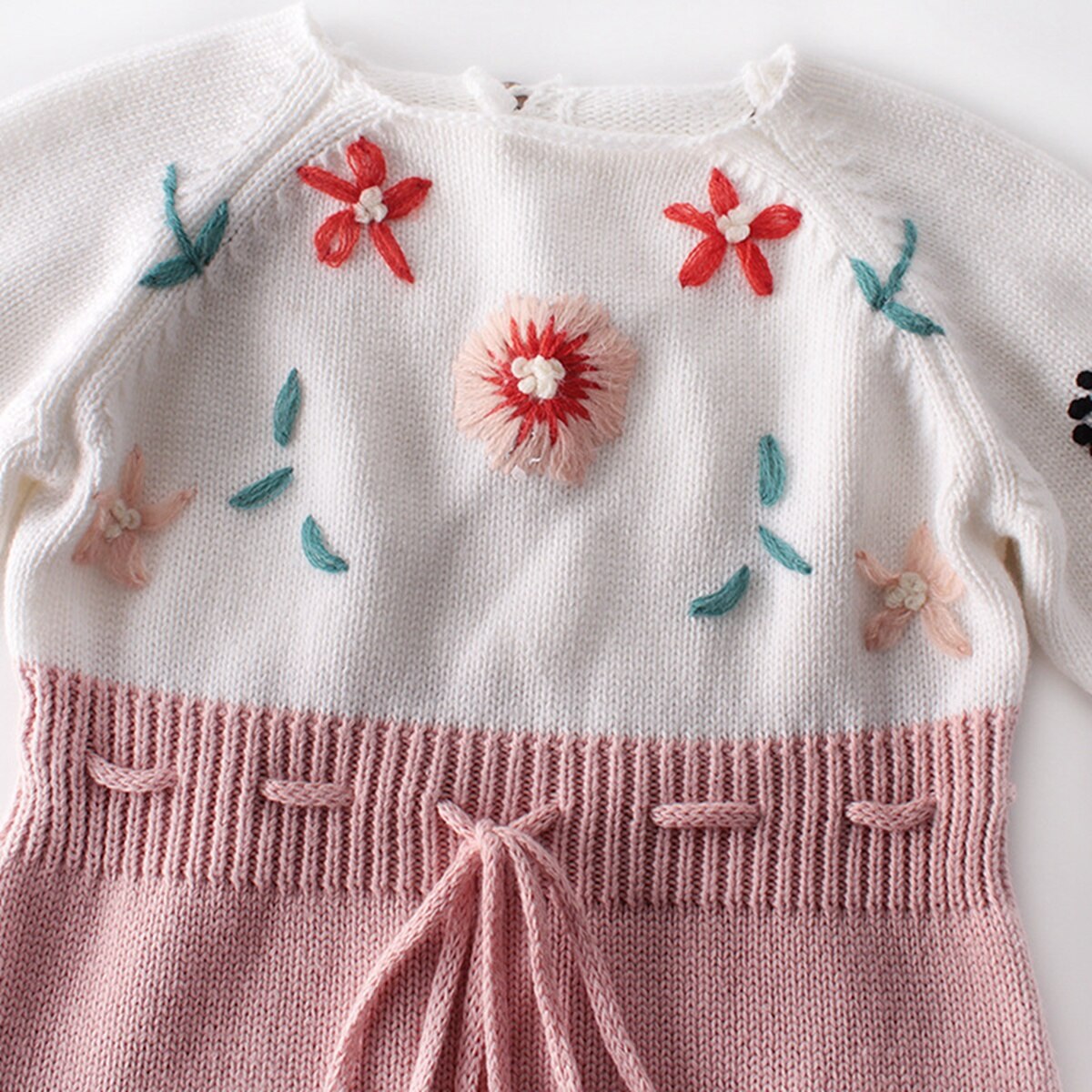 Baby drenge piger efterårs sweater blomster broderi rund hals lange ærmer strik jumpsuit body til baby