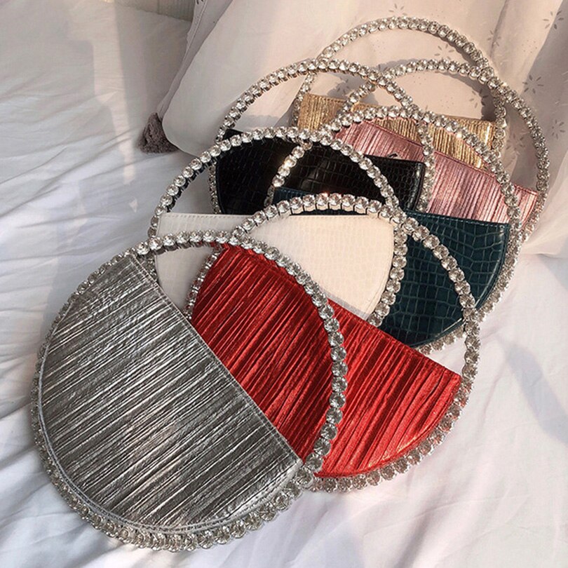 Rhinestone Circular Handle Evening Bag Women Diamonds Round Red Clutch Purse Ladies Chic Handbag Party