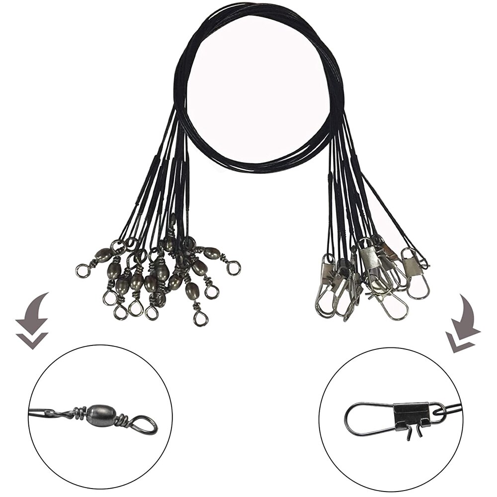 Fil de pêche en acier noir de 30cm, 100 pièces, avec baril pivotant, boutons de sécurité, leurres pivotants, matériel, accessoires