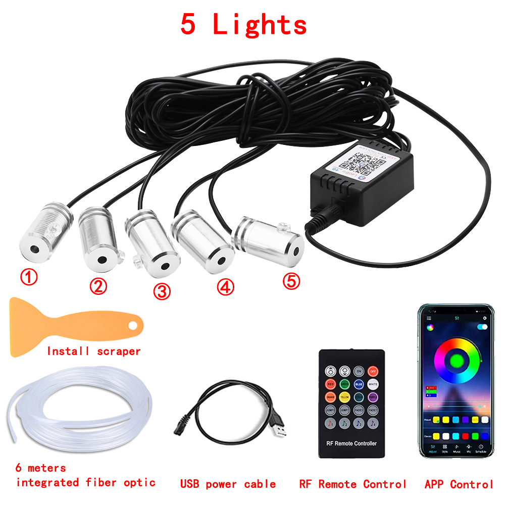 Tira de luces LED para Interior de coche, Kit de iluminación de neón de fibra óptica RGB con Control remoto por aplicación, lámparas decorativas automáticas: 8000 K blanco azul