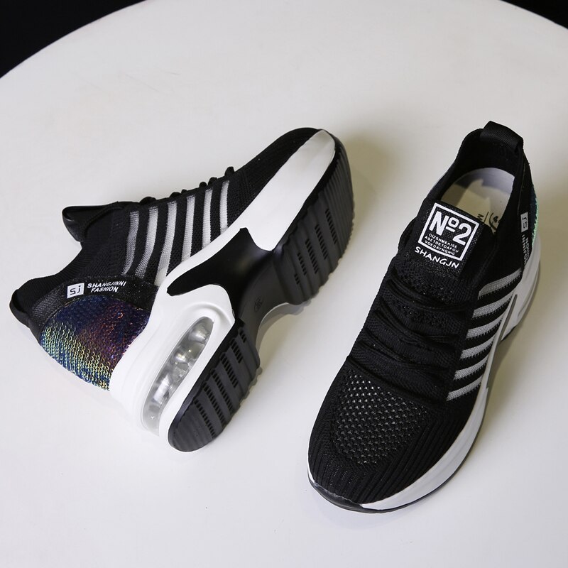 Women Sneakers 9 CM High Heel Women Bling Shoes Mesh Wedge Casual Shoes Summer Breathable Walking Shoes