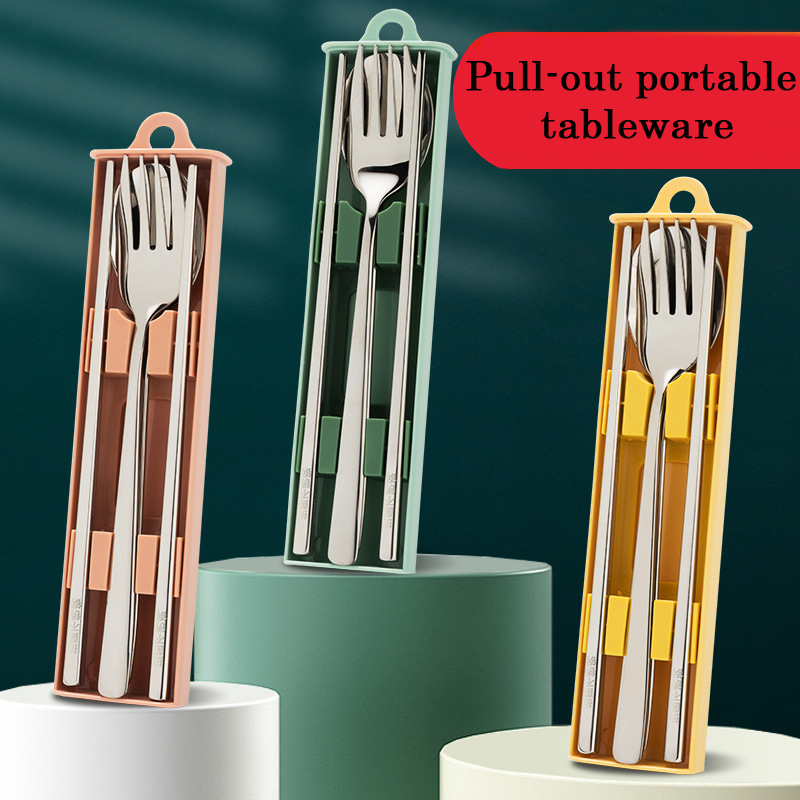 Vacclo 304 Stainless Steel Tableware Spoon Fork Chopsticks Portable Student Travel Eating Utensils With Pull-out Storage Box