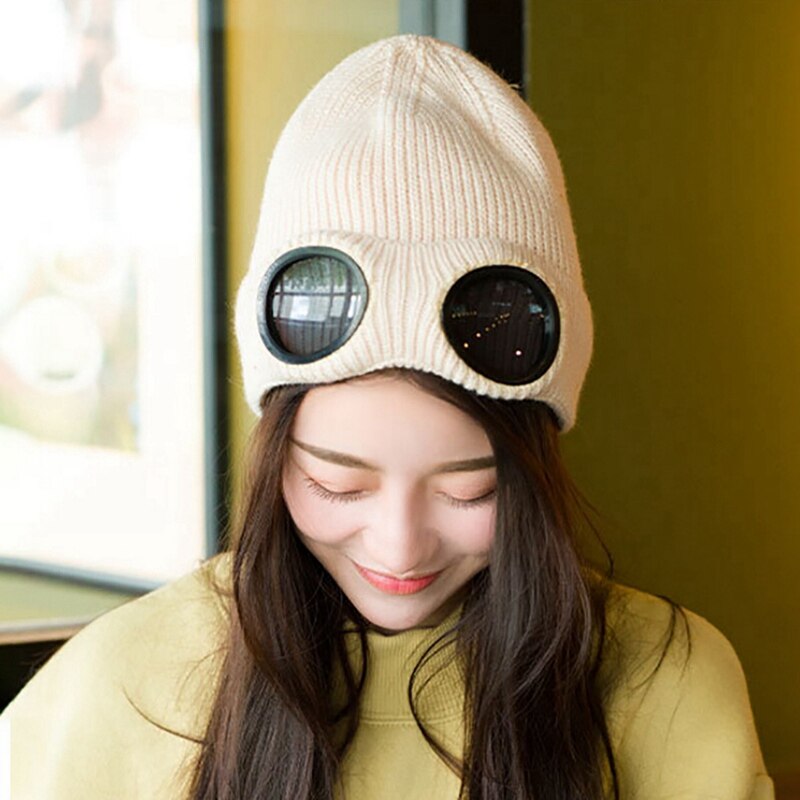 Glasses Hat Unisex Wool Knitted Goggles Beanie Thermal Fluffy Warm Cap Heat Keeper Ear Protector Men Women Hat Cap