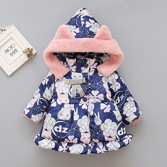 Winter Meisje Jassen Plus Fluwelen Dikke Jas Voor Meisjes Jassen Leuke Printing Hooded Kid Uitloper 1 2 3 4 5 jaar Kinderen Sneeuw Slijtage: dark blue / 18m