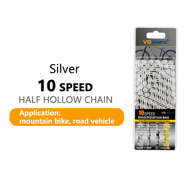 Vg sport cykelkedja 6 7 8 9 10 11 speed 8s 9s 10s 11s velocidade titanium regnbåge guld mtb mountain road cykelkedjor delar: Silver 10 hastigheter