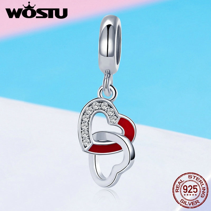 Wostu real 925 prata esterlina entrelaçados corações pingente charme ajuste contas pulseira colar diy jóias amante presente fic735