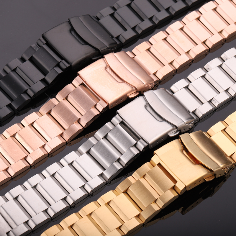 Solid Stainless Steel Brushed Watch Strap with Safety Clasp 18mm 20mm 22mm 24mm Available in Black Silver Unisex Watch Band