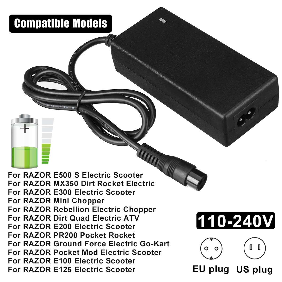 Chargeur de batterie de Scooter électrique 24V 2A Fr rasoir E100 E200 E300 E125 E150 E500 pour adaptateur de connecteur de chargeur de rasoir