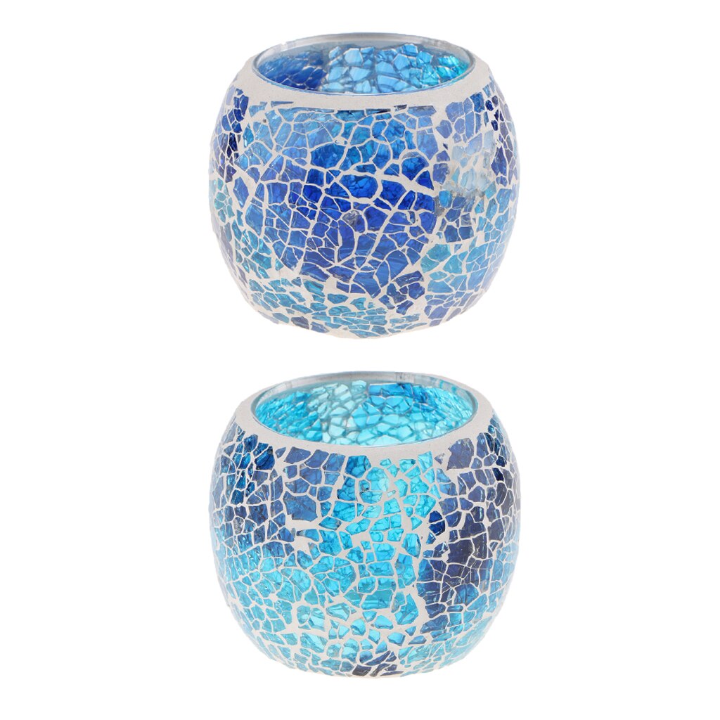 2Pcs Vinatge Mozaïek Glas Votive Kaarsen Theelichtjes Houder Blauw Kandelaar Kaars Kom Cups Set