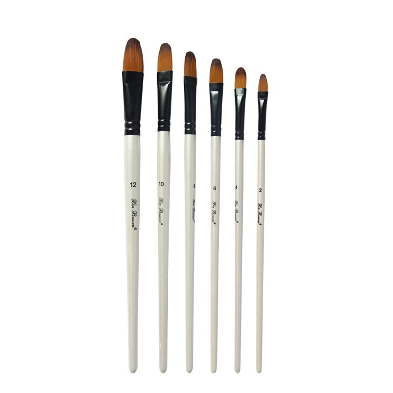 Pincel de pelo de nailon con mango de madera para pintura de acuarela, Pluma de tubo de aluminio, suministros de pinceles de arte, 6 uds.: TongueShape