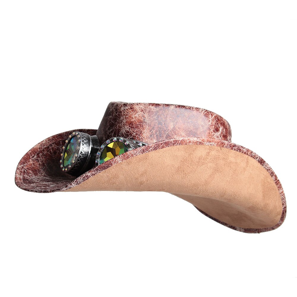 Men Women Leather Western Cowboy Hats With Punk Glasses Jazz Hat Sombrero Hombre Cowgirl Hat Size 58-59CM