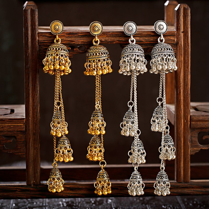 Retro Bollywood Oxidized Women Jhumka Indian Earrings Femmes Ethnic Gold Silver Color Afghan Bell Long Tassel Earrings