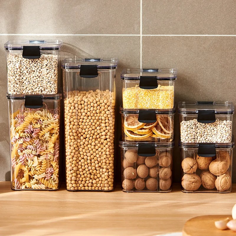 Transparante voedselopslagcontainers Keukenopslag Luchtdichte blikjes Plastic opbergdozen Stapelbare voedselopbergdozen