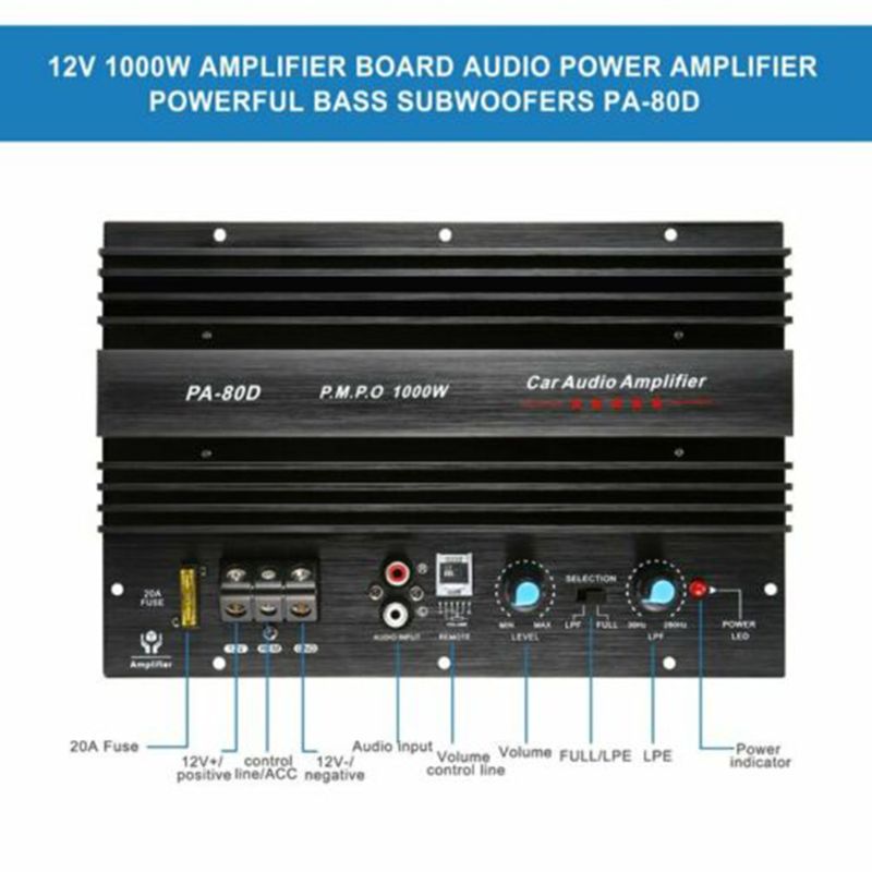 12V 1000W Mono Car Audio Power Amplifier Powerful Bass Subwoofers Amp PA-80D
