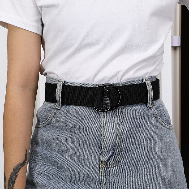 Kvinnor nylon canvas regnbåge långt bälte dubbel d metall svart spänne midjeband 16 stilar jeans vävd midjerem cinturon mujer