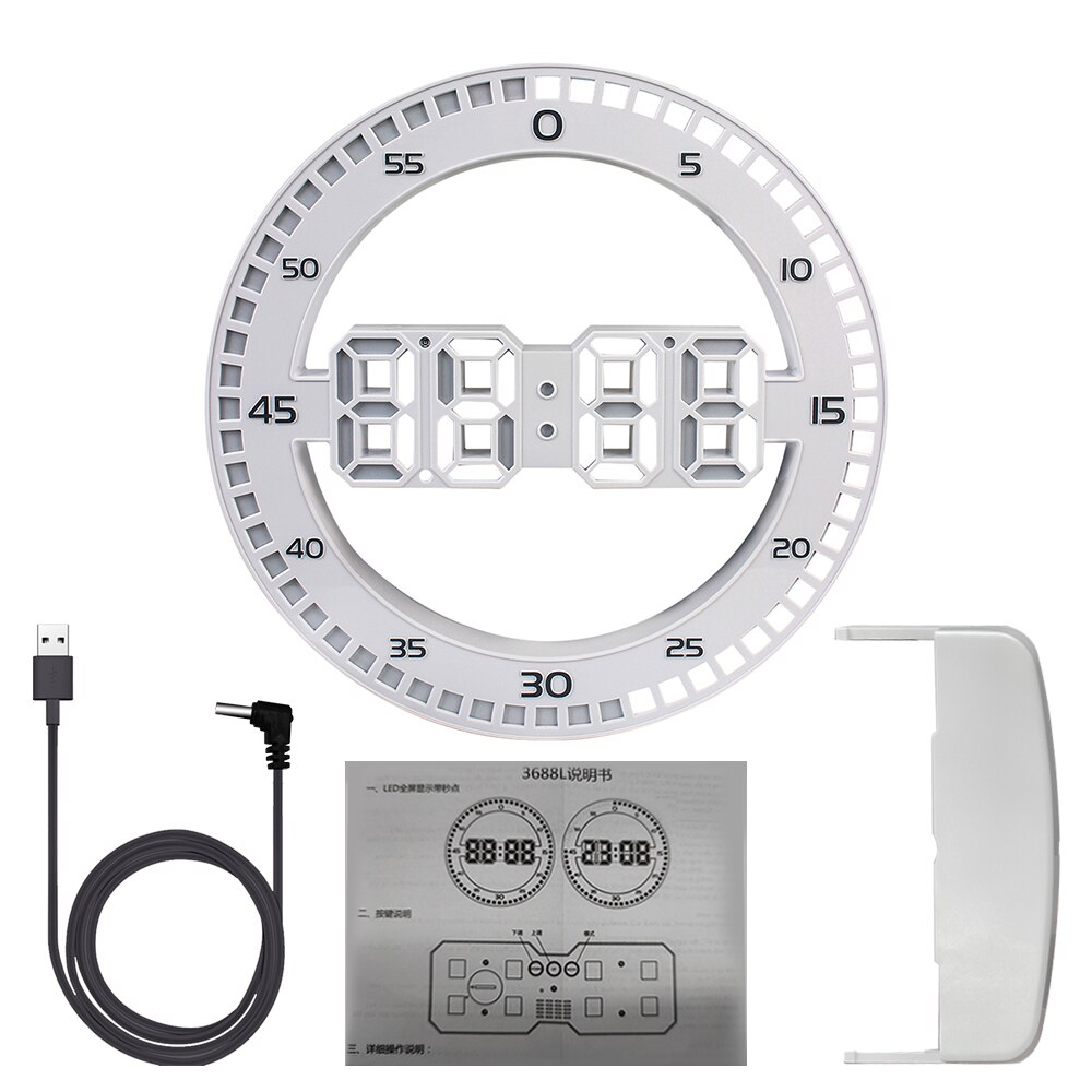 Led Wandklok Temperatuur Thermometer Voor Woonkamer Home Decoratie 3D Digitale Circulaire Lichtgevende Stil Alarm Met Kalender: White Stopwatch