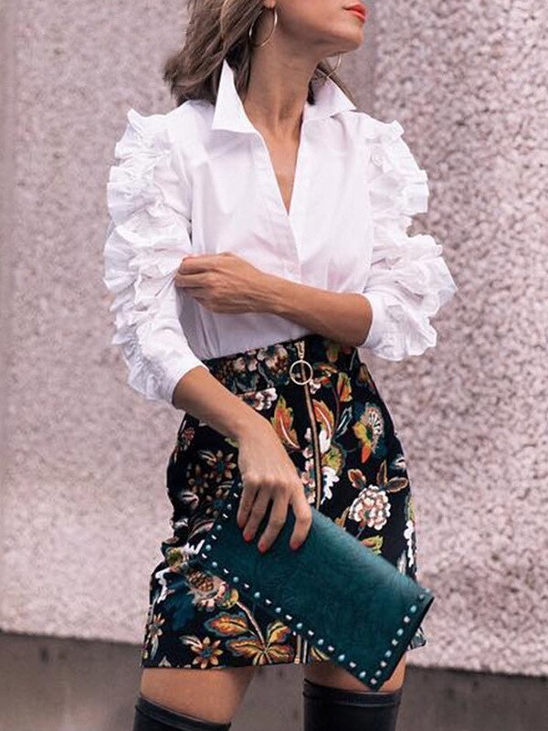 Blusa TWOTWINSTYLE con volantes, blusa femenina con cuello de solapa, camisa blanca de manga larga, Tops para mujer, ropa Vintage primavera OL: M