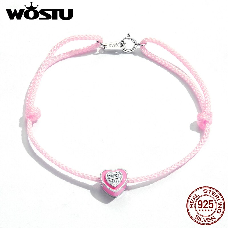 Wostu 925 Sterling Zilver Roze Hart Touw Enkel 22.5Cm Maat Verstelbaar Glanzend Zirkoon Touw Ketting Voor Vrouwen Zomer Sieraden CQT022