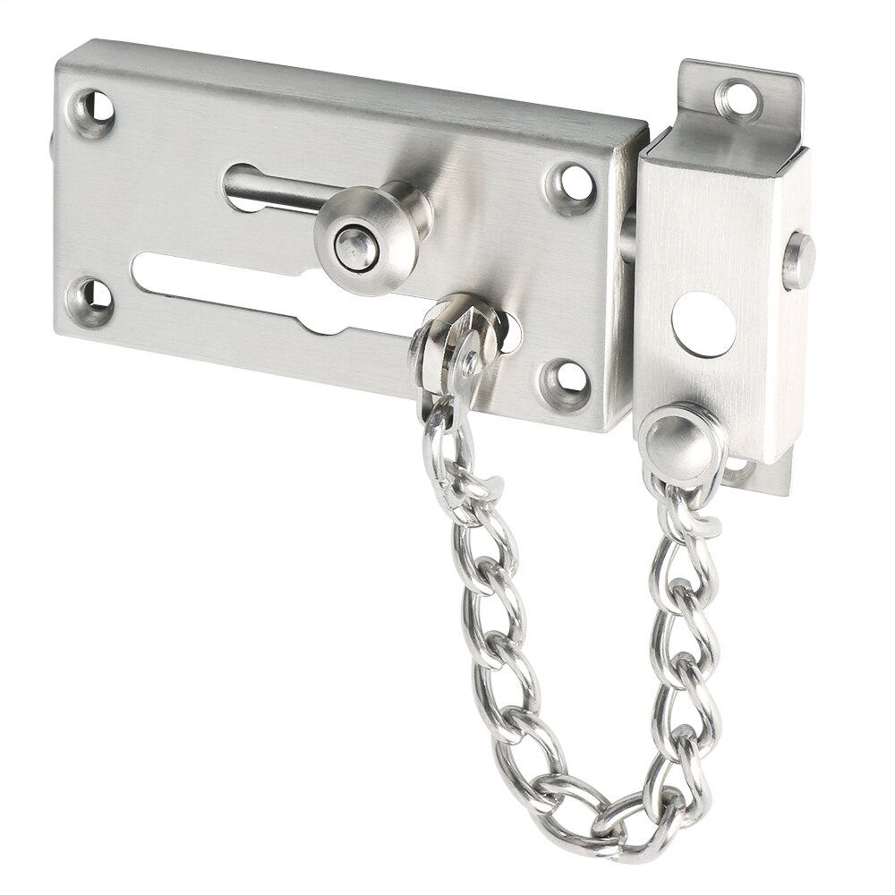 Trava de segurança para porta com parafuso, conjunto de fecho de cadeado escovado 304, aço inoxidável com corrente antifurto, bloqueio de mola: Brushed Nickel
