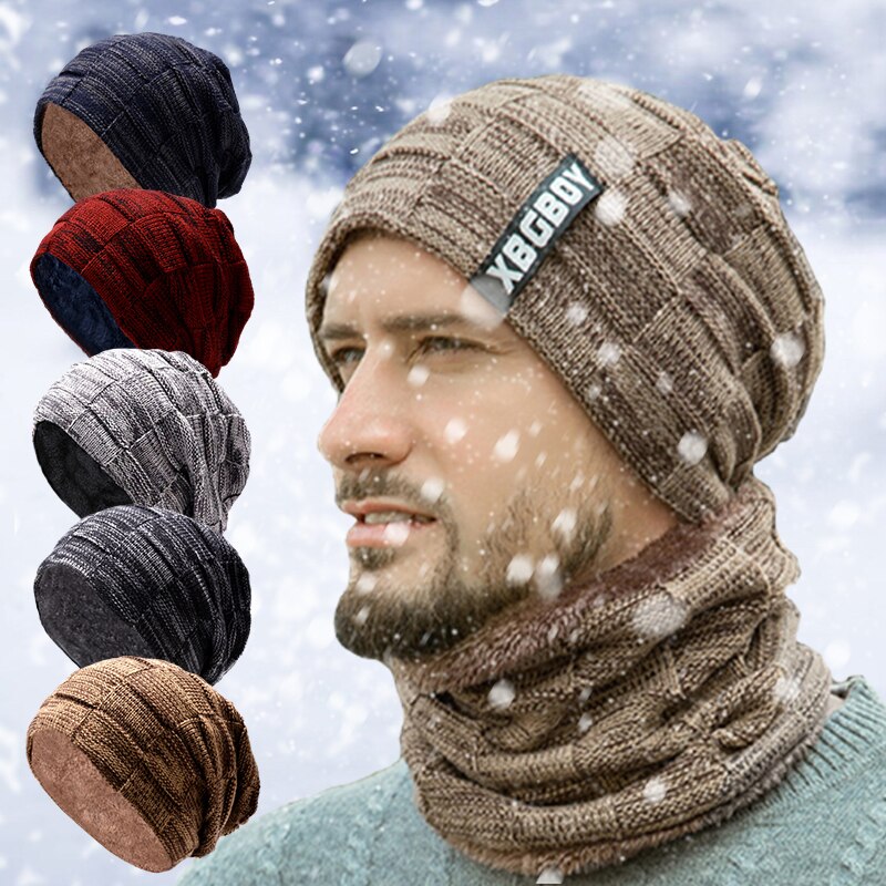 Ensemble de bonnets et écharpes en tricot pour hommes et femmes, couvre-chef avec doublure polaire épaisse pour le cou