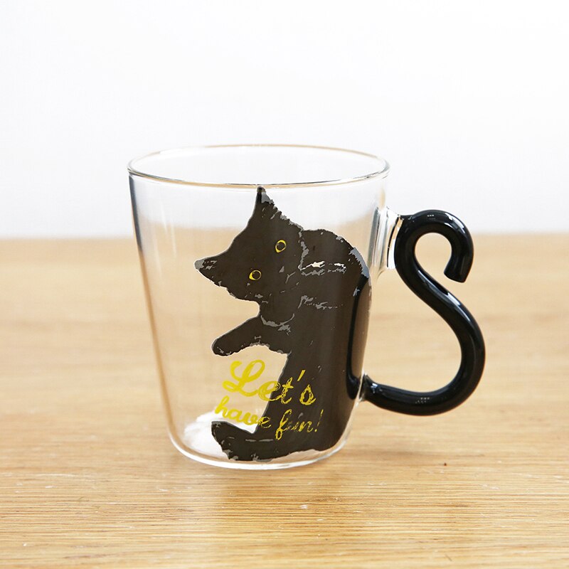 250ML Cute Cat Glass Juice Coffee Cup Milk Tea Coffee Glass Mug Cat Tail Handle Cat Valentine's Day Lover Stainless Spoon: Black2