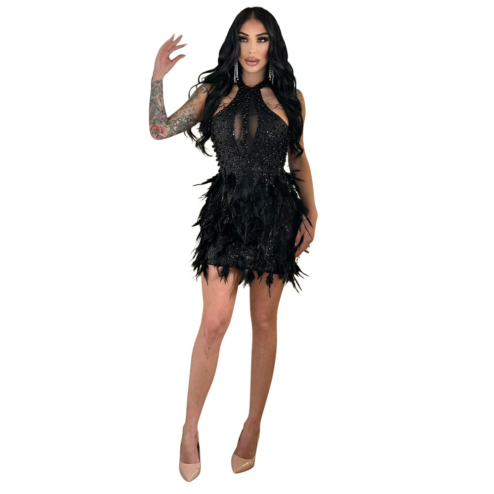 Hlj sexet mesh splicing pailletter fjer bodycon festklubkjole kvinder rund hals ærmeløs slank vestidos kvindeligt aftentøj: S / Sort