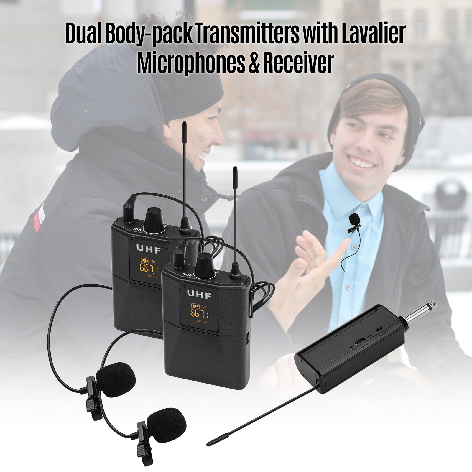 Sistema microfonico senza fili UHF con trasmettitore per microfono corpo-pacchetto e adattatore per ricevitore per miscelatore Audio per altoparlanti registrazione video