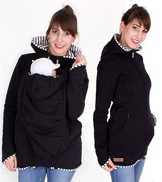 Gravidrockar gravid kängurukappa vinterjacka för gravida ytterkläder långärmade solida outfits kläder jackor: Svart / S