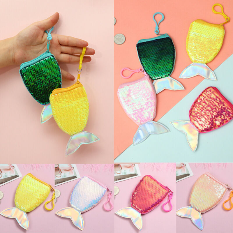 Women Mermaid Tail Sequins Coin Purse Crossbody Bags Holder Wallet Pouch Casual Cartoon Cute Kids Girls Coin Purses