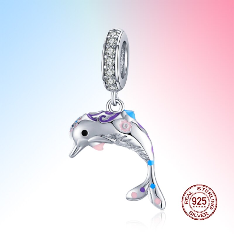 muszla delfin flaming karp placki krab jednorożec urok bijoux emaliowane koraliki 925 srebro oryginalny patelnia bransoletka dama DIY biżuteria: WT0595
