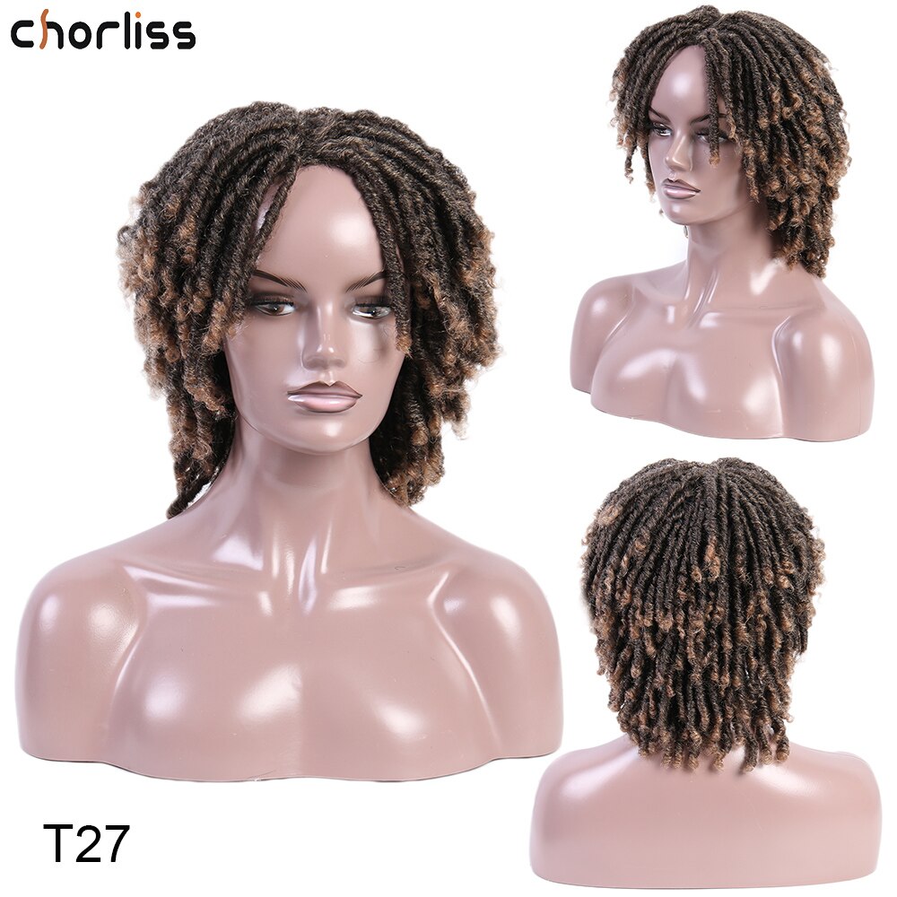 Dreadlock hår peruker mjuka korta syntetiska peruker kinky lockiga peruker för kvinnor virkad fläta peruk ombre bugg hög temperatur fiber: T27