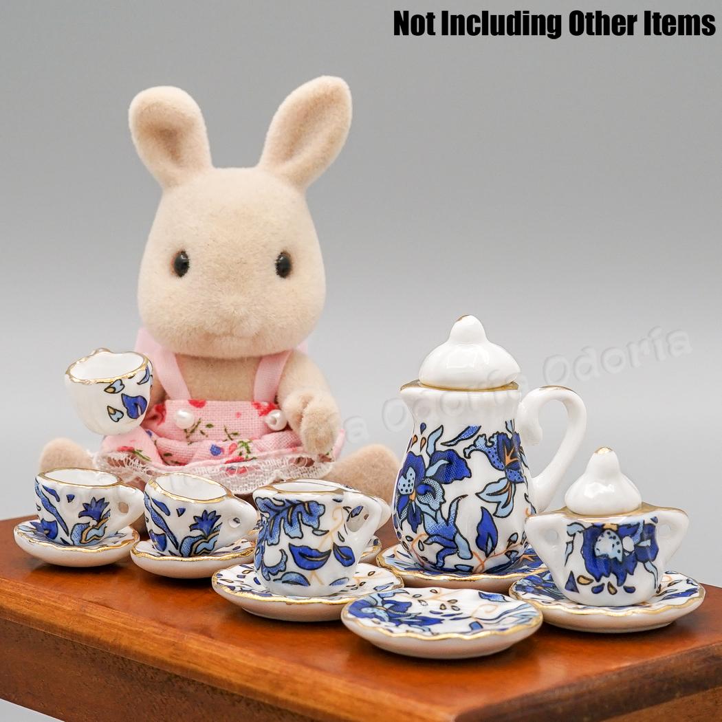 Odoria 1:12 Miniature 16PCS Blue Flower Patten Porcelain Coffee Tea Cups Ceramic Tableware Dollhouse Kitchen Accessories