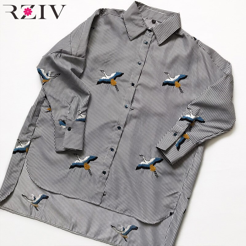 RZIV Lente vrouwen shirt blouse casual gestreepte shirt losse geborduurd overhemd top