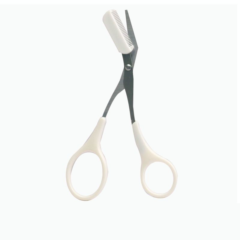 Pink eyebrow trimming scissors with built-in comb - stainless steel, precise grooming tool, creating perfect eyebrows: WHITE