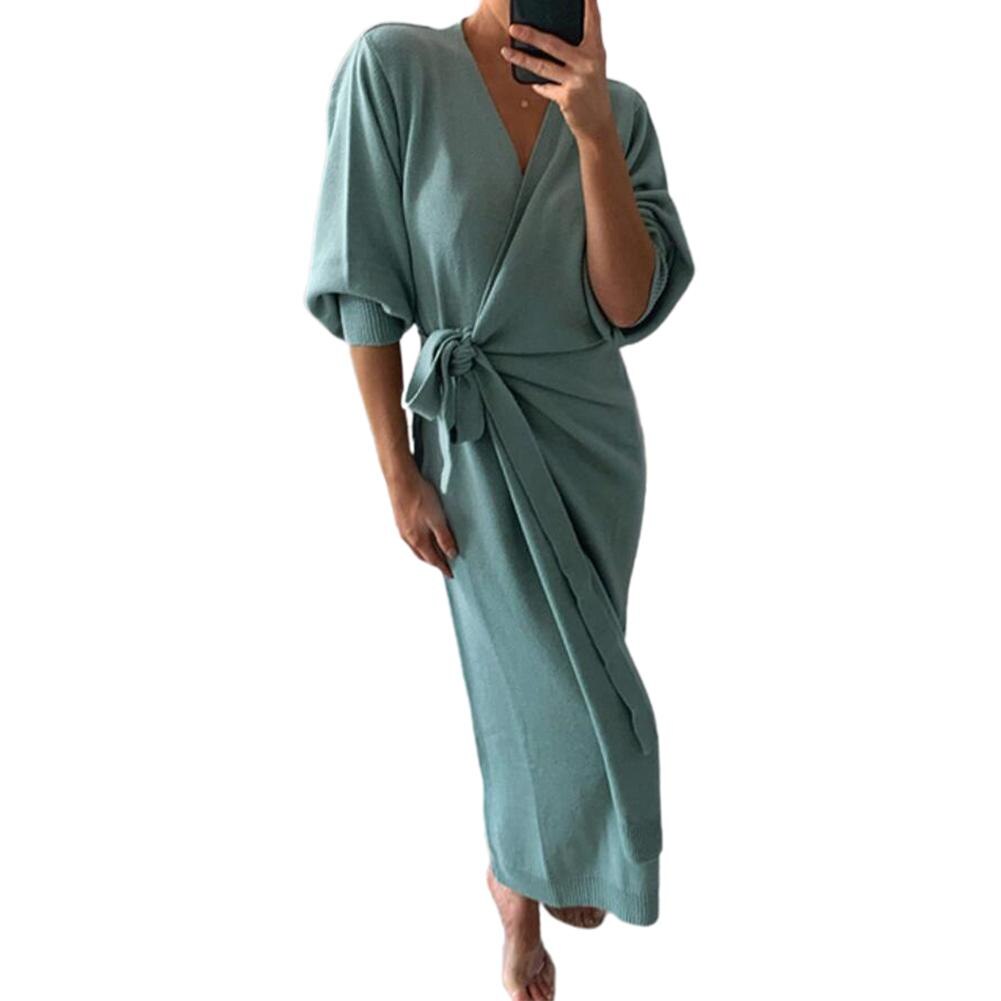 Vrouwen Herfst Winter Effen Kleur Lange Mouw Gebreide Wrap Riem Jurk Maxi Gewaad: Light Green