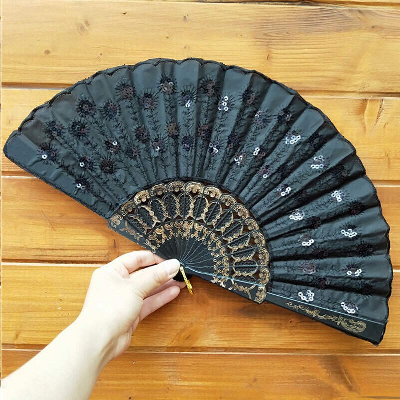 Art Fan Folding Tail Feather Plastic Bone Sequins Carved Hand Fan Summer Accessory Crafts Print Home Decor Embroidery