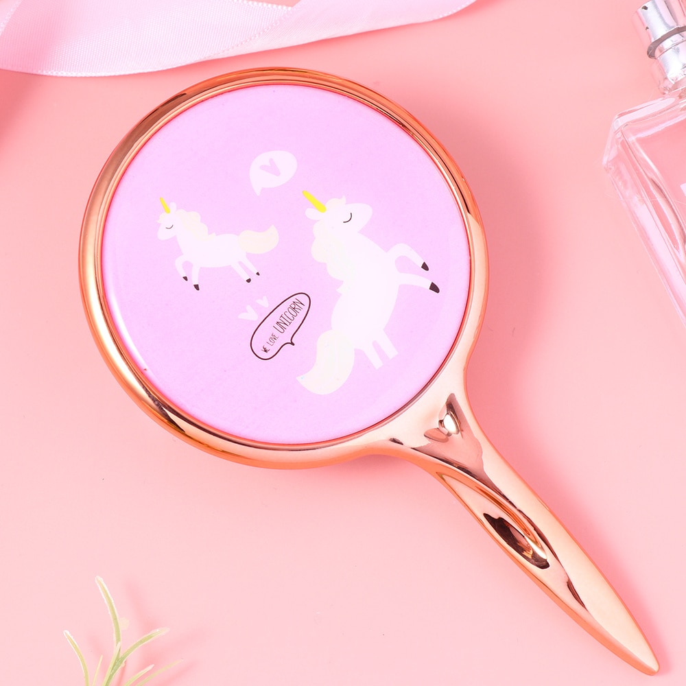 Round Mini Makeup Mirror Stylish Unicorn Pattern Mirror Handle Makeup Mirror for Home Salon Use (Pink)