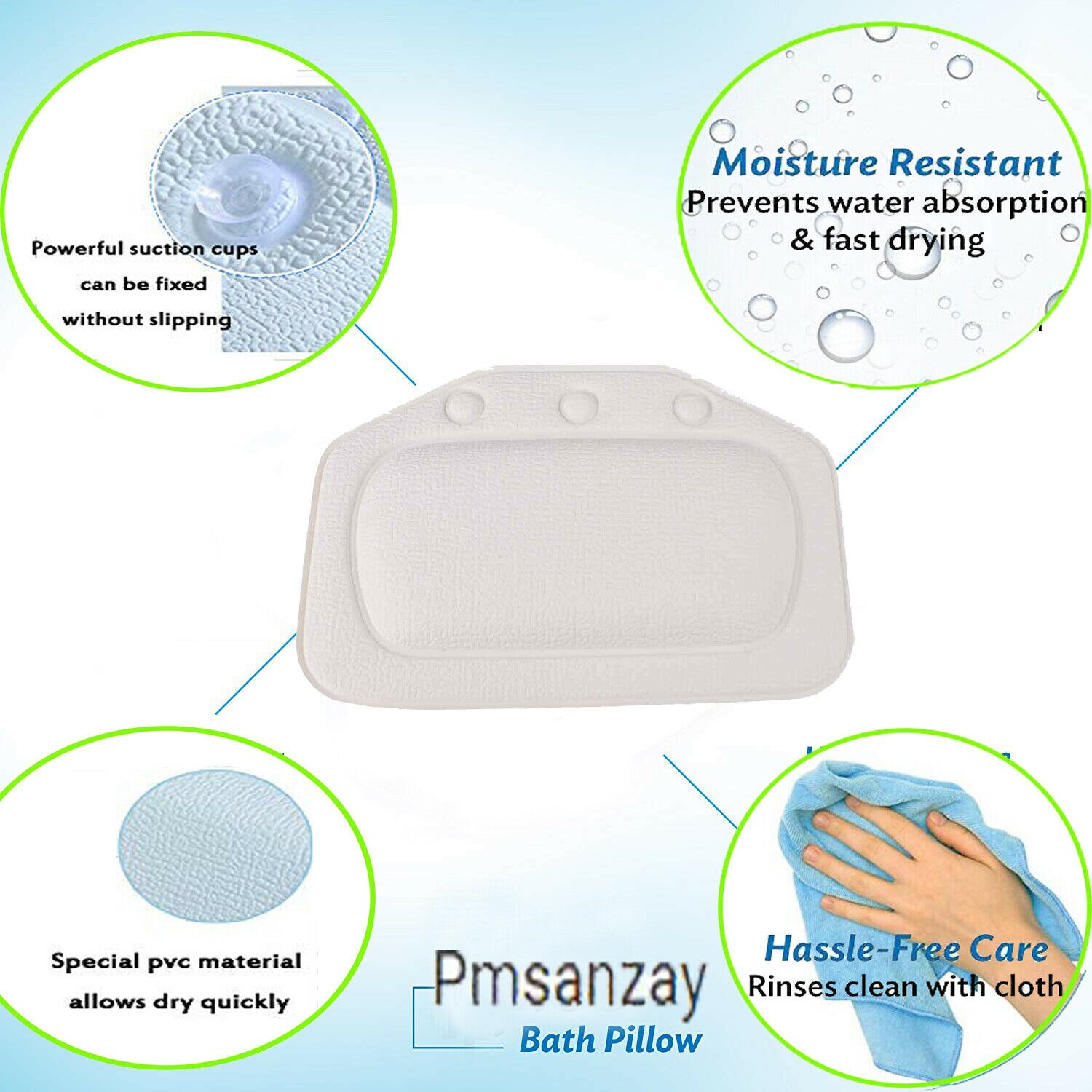 Waterproof Bath Pillow Cushion Non Slip Suction Cups for Spa &amp; Bathtub Headrest
