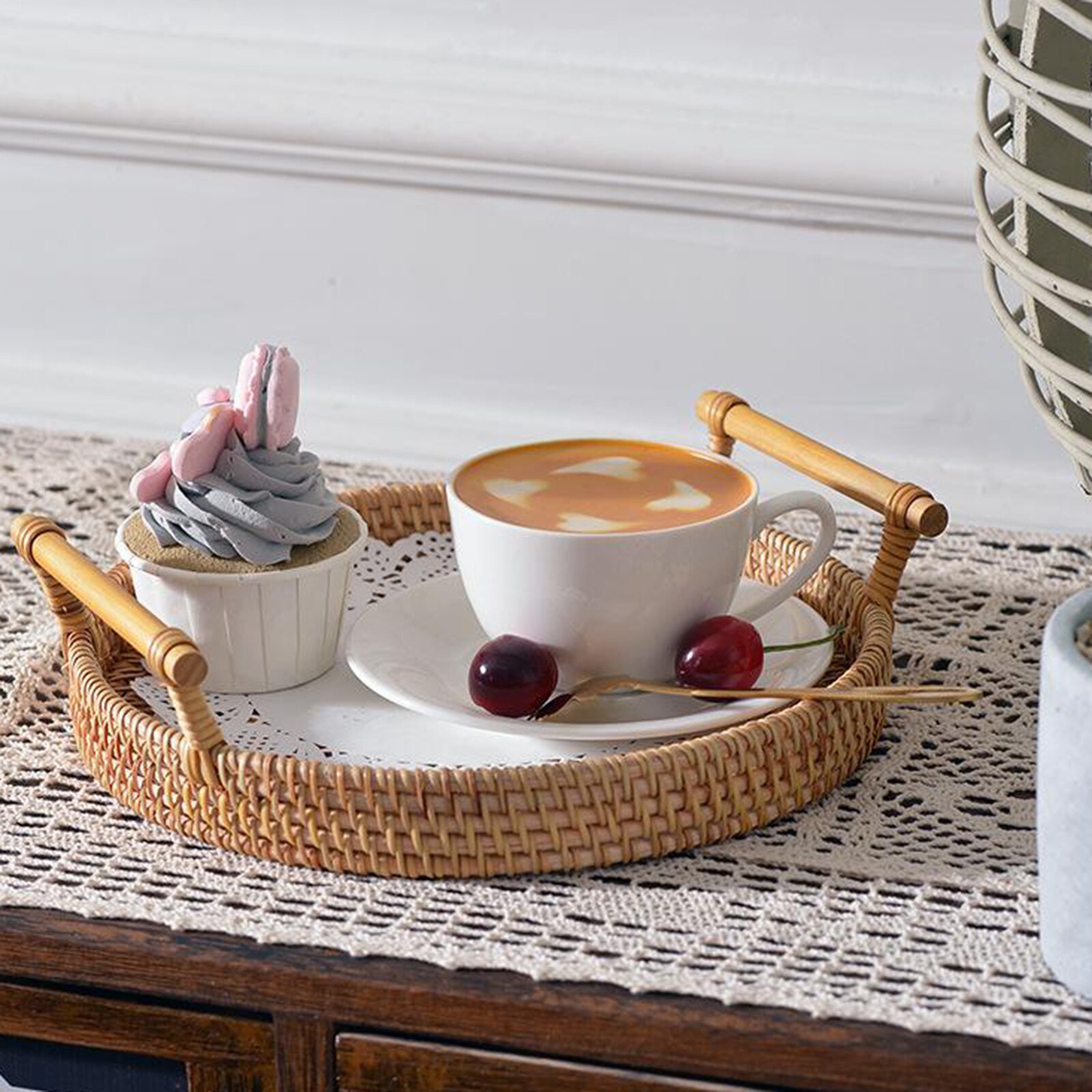 Premium Round Handwoven Basket Serving Tray with Handles Flower Drinks Snack