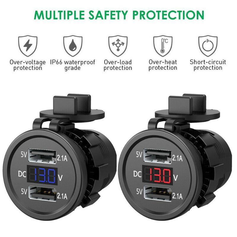 5v wasserdichte usb-ladebuchsen mit zwei anschlüssen und spannungsanzeige/voltmeter für 12-24v autos 2.1a boote und motorräder