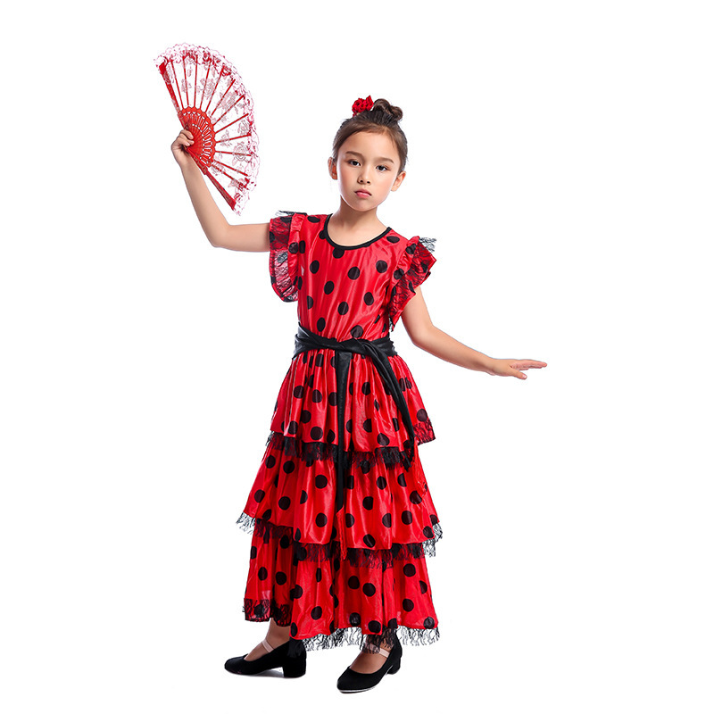 Vestidos de baile de España para niñas, trajes de baile de Flamenco para mujer, vestidos Maxi de manga de encaje con estampado de lunares tradicional, puesta en escena de equipo